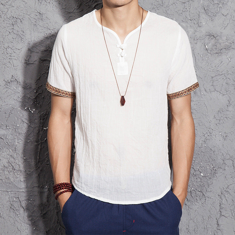 Chinese Style Embroidered Linen Tee: Casual