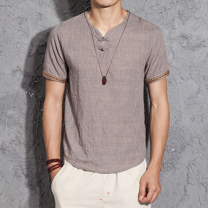 Chinese Style Embroidered Linen Tee: Casual