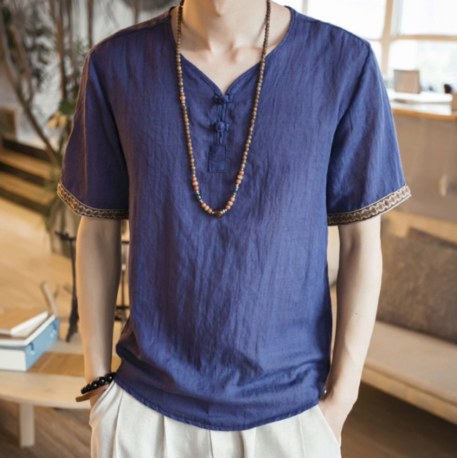 Chinese Style Embroidered Linen Tee: Casual