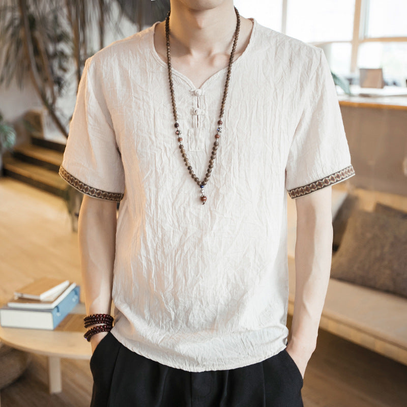 Chinese Style Embroidered Linen Tee: Casual